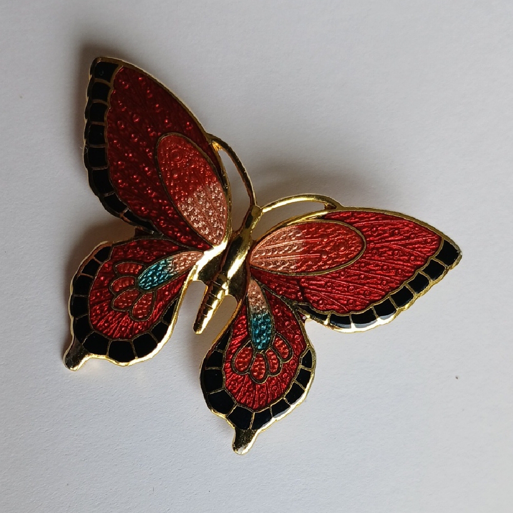 Vintage Red Black Enamel On Gold Tone Butterfly Brooch Cloisonne Style